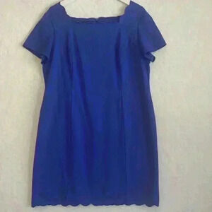 Talbots Womens Blue Scallop Hem & Neck Short Sleeve Back Zip Sheath Dress 14WP